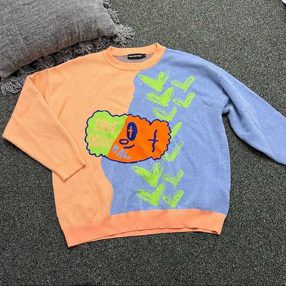 TAKA ORIGINAL Orange & Purple Neon Green Unisex Knit Jumper Sweater Casual Sz L - Picture 1 of 15